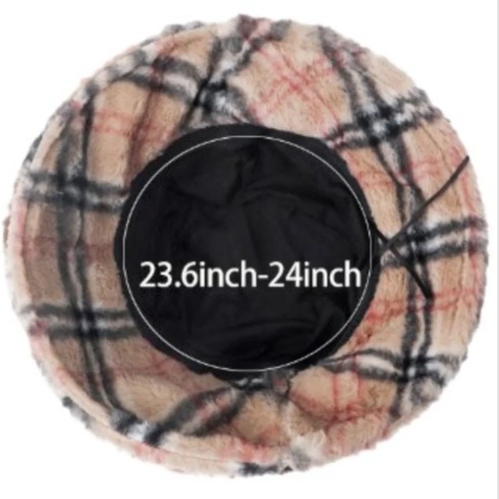 Tartan Plaid Print Faux Fur Camel Fluffy Hat OS